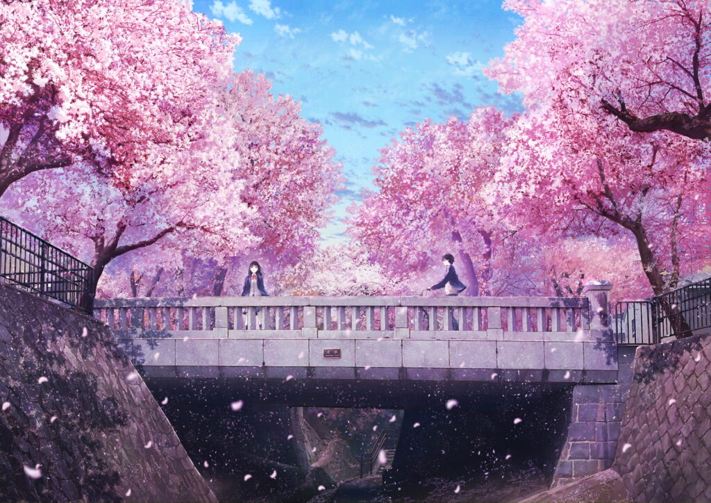 Eternal Blossom of Anime Romance: Captivating HD Wallpaper of a Girl and Boy in Sakura-Filled Love