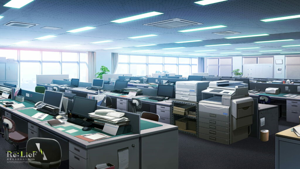 Anime-themed Workspace: A Vibrant and Dynamic Office Room Wallpaper