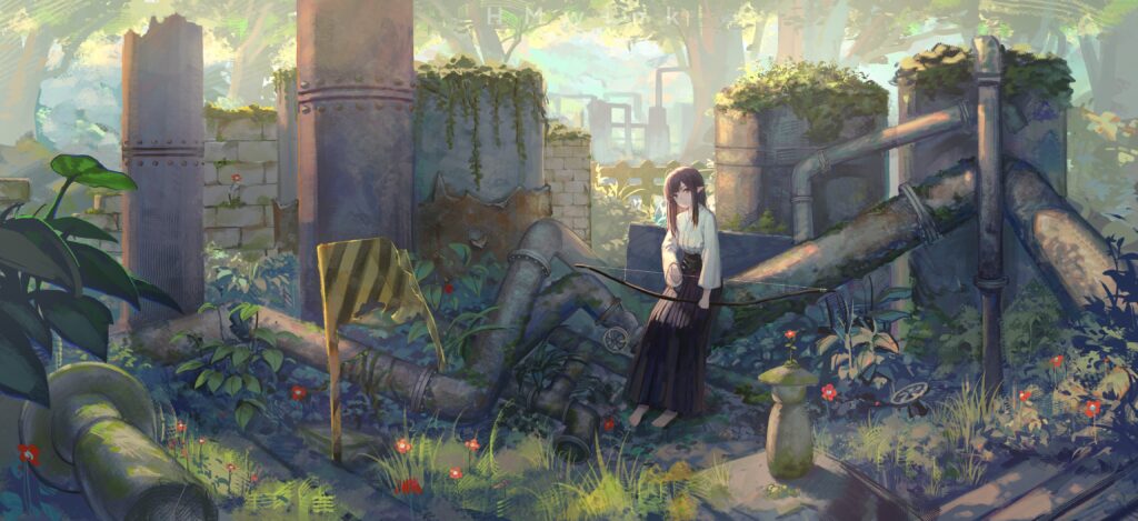 Anime Elf Girl in Ancient Ruins - Serene Mystical Wallpaper