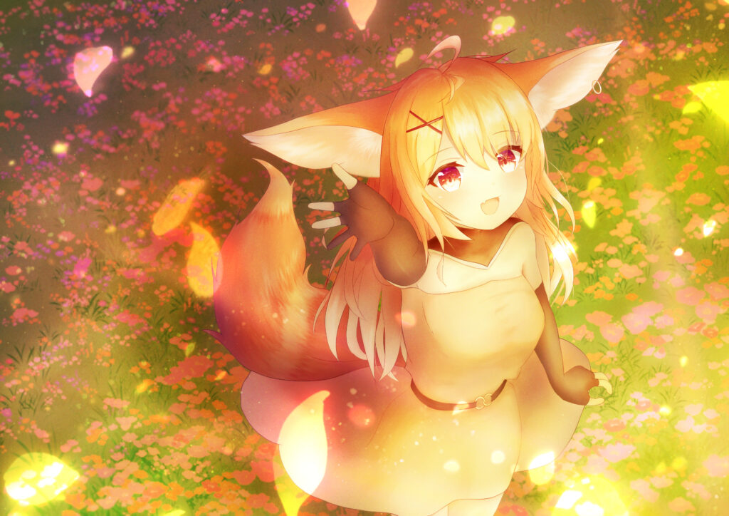 Anime Girl with Fox Ears in a Magical Flower Field Wallpaper
