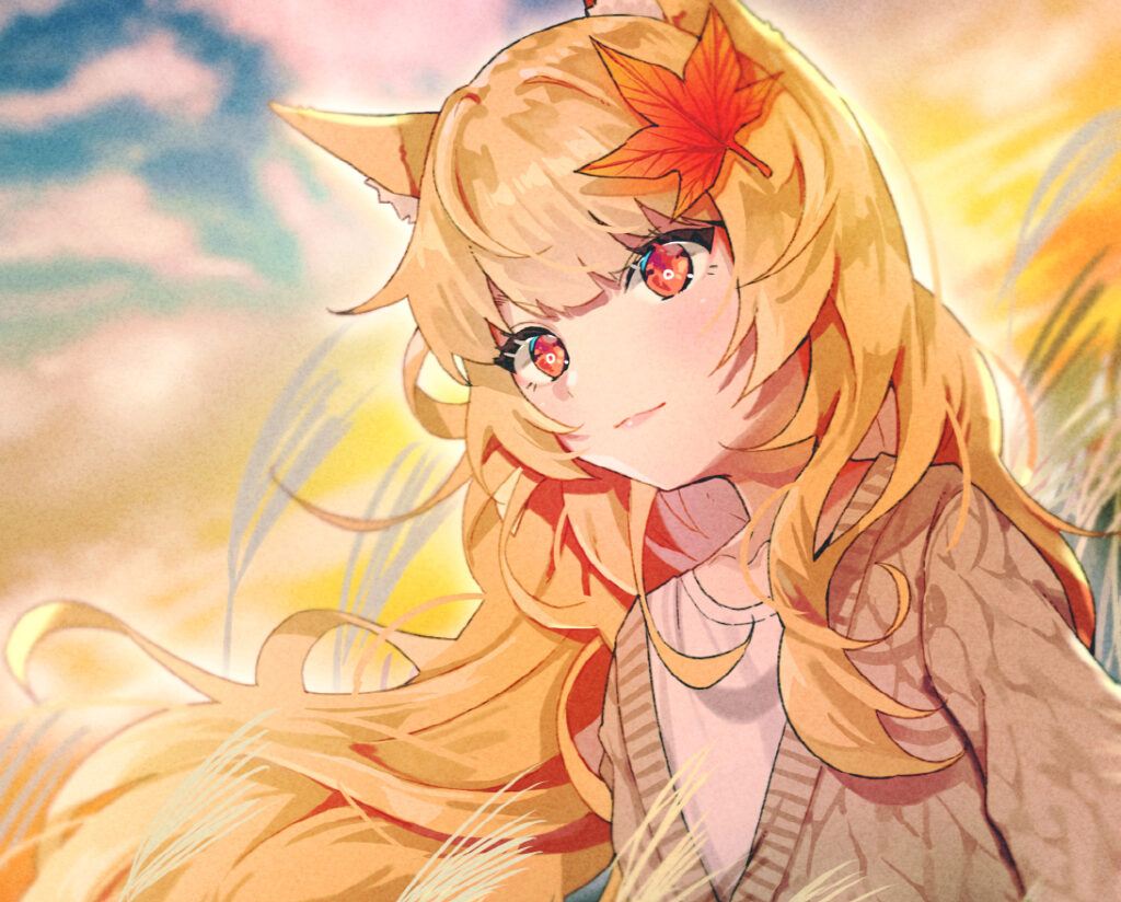 Enchanting Anime Wallpaper: Girl with Fox Ears & Maple Leaf