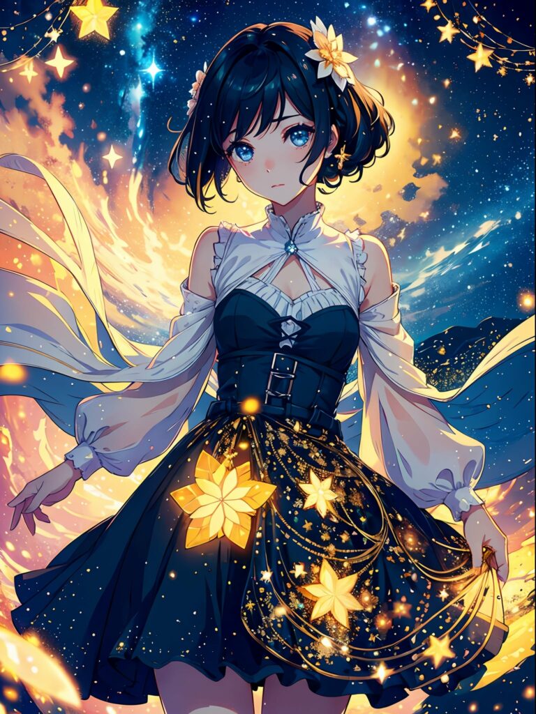 Celestial Anime Wallpaper: Stylish Girl in Starry Cosmos