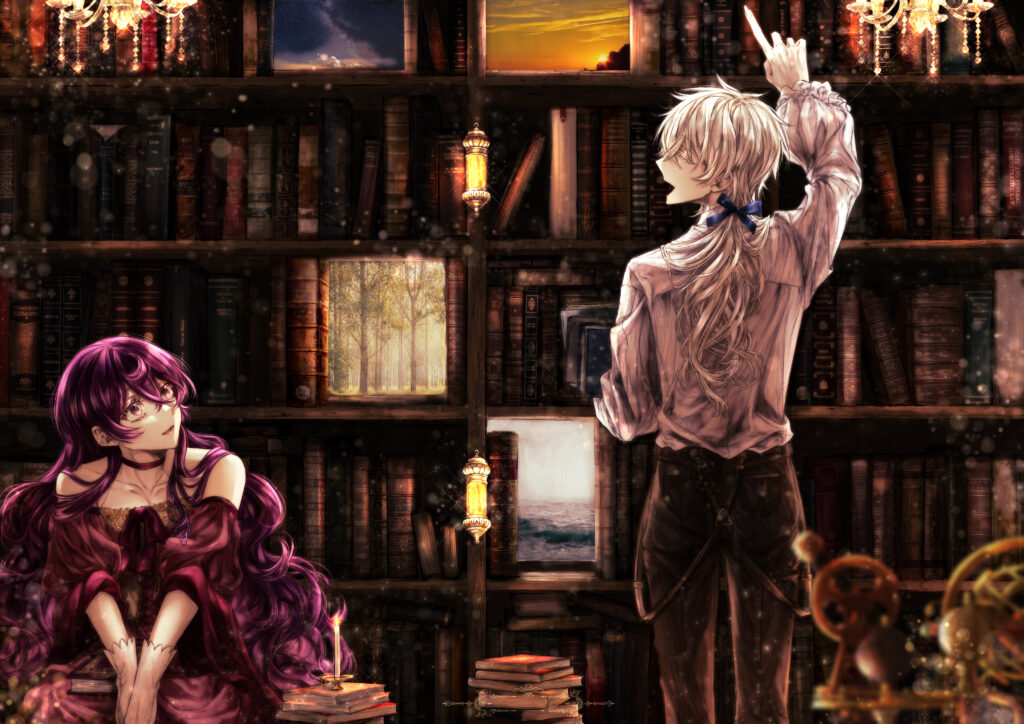 Enchanting Anime Art: Girl in Vintage Library Wallpaper Background
