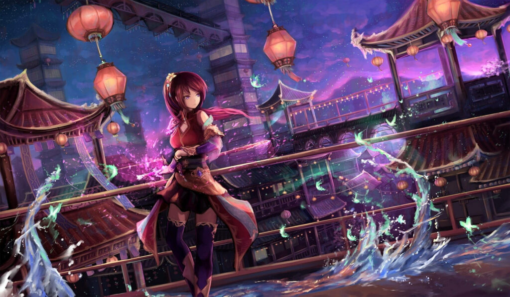 Enchanting Anime Wallpaper: Girl with Red Hair on Scenic Bridge