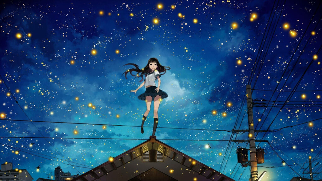 Magical Anime Wallpaper: Girl on Rooftop Under Starry Night Sky