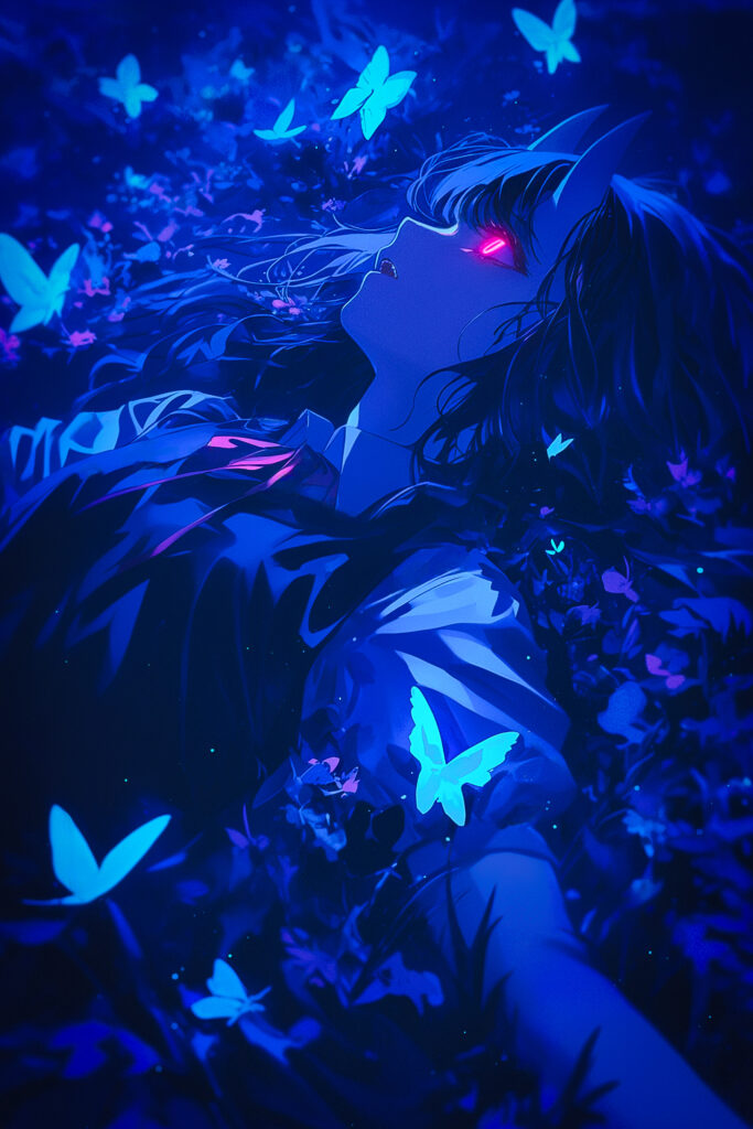 Demon Girl with Horns Surrounded by Blue Butterflies - Anime Wallpaper