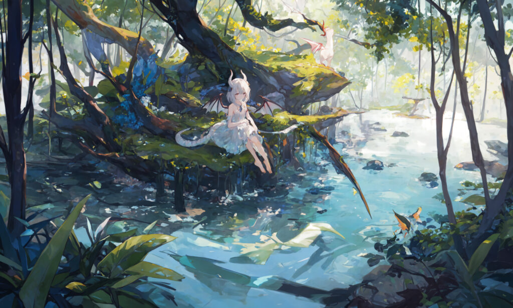 Enchanting Anime Wallpaper: Girl with Horns in Serene Forest