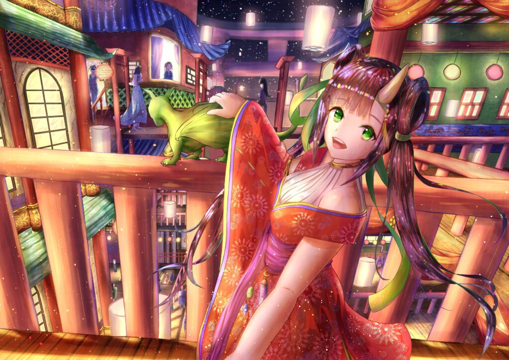 Vibrant Anime-Inspired Demon Girl Wallpaper: Festive Holiday Scene