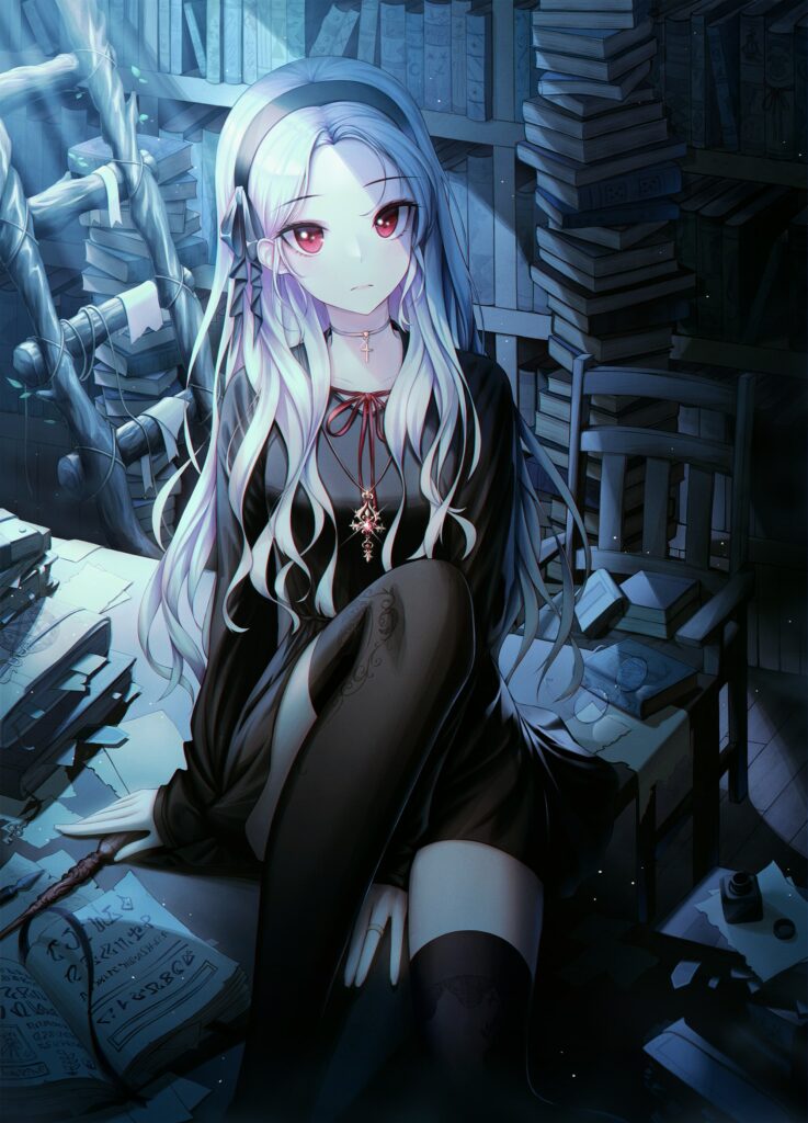 Mysterious Anime Wallpaper: Girl in Dim Library with Books