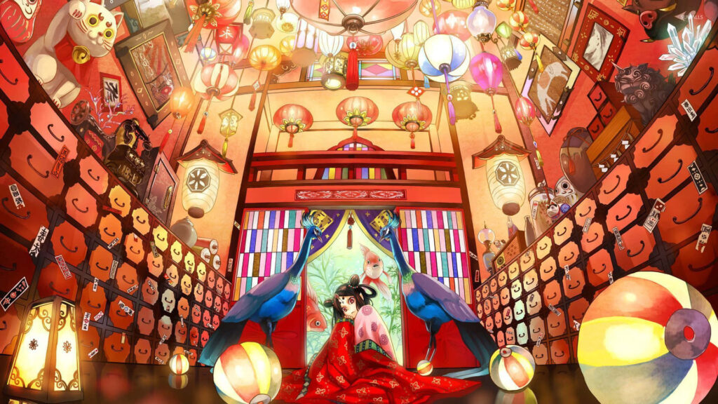 Enchanting Anime Magician Wallpaper with Colorful Lanterns