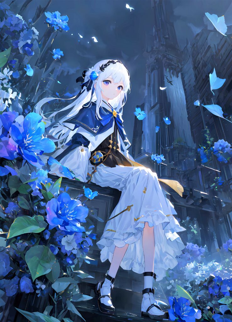 Anime Princess in Dress Surrounded by Blue Flowers - Dreamy Wallpaper