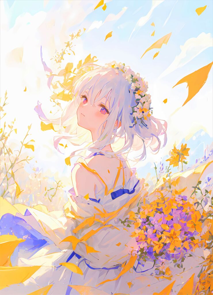 Enchanting Floral Anime Wallpaper: Serene Girl in Blooming Beauty
