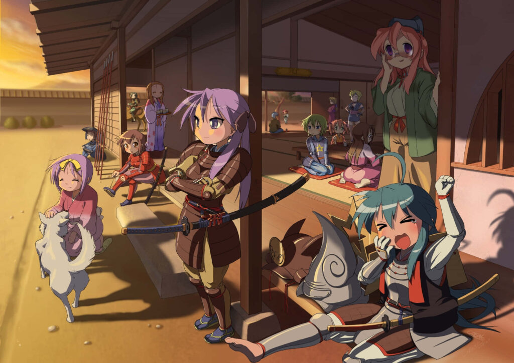 Serene Anime Wallpaper: Characters Relaxing in a Japanese Sunset