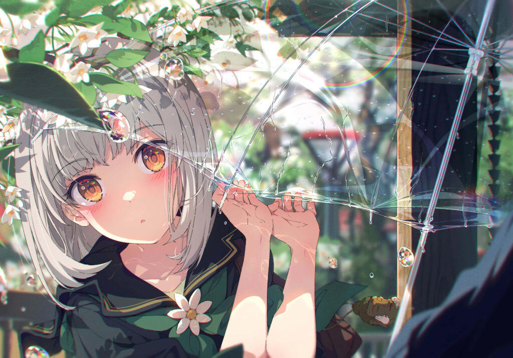 Enchanting Anime Wallpaper: Silver Hair & Golden Eyes in Blooming Serenity