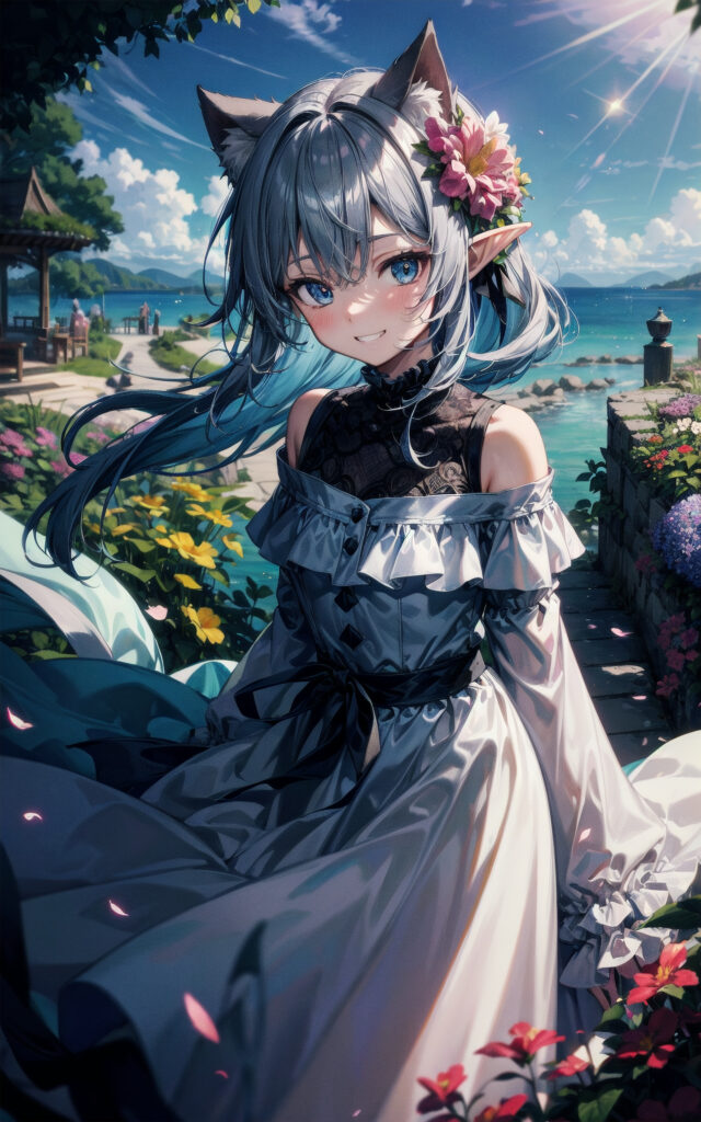 Whimsical Anime Wallpaper: Smiling Elf Girl by a Serene Seaside