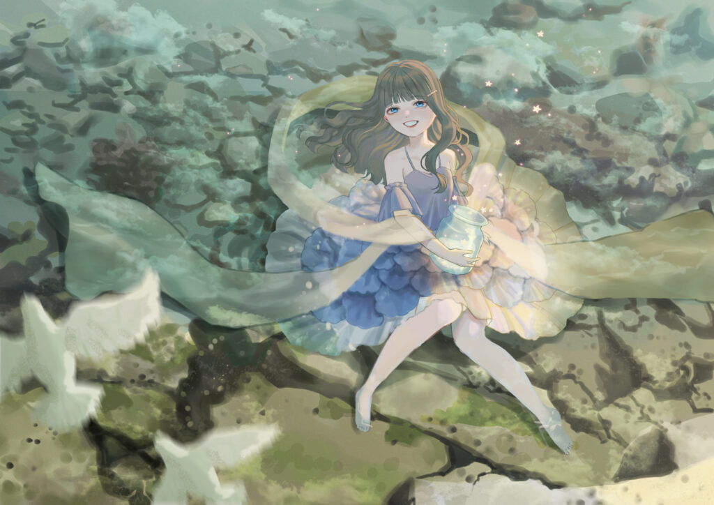 Enchanting Anime Wallpaper: Smiling Girl in Colorful Dress