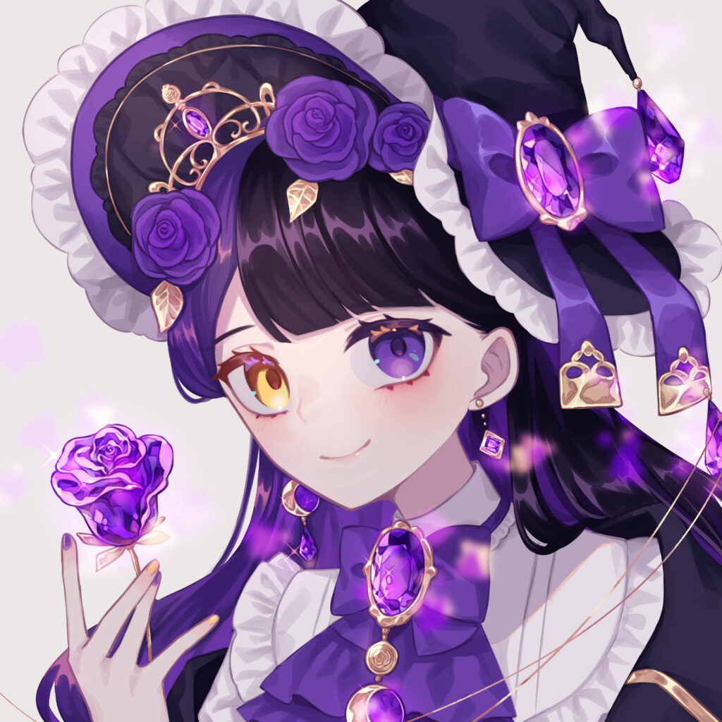 Enchanting Heterochromia Girl in Purple Rose Hat – Anime Wallpaper