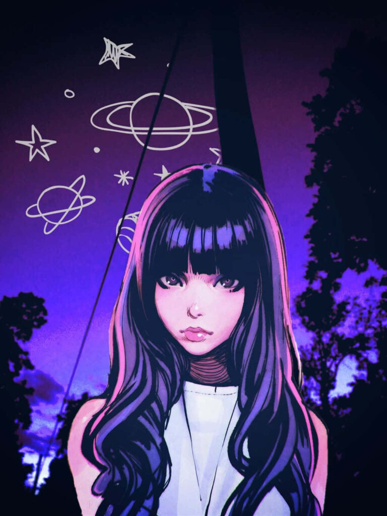 Anime Surreal Wallpaper: Flowing Hair & Cosmic Twilight Scene