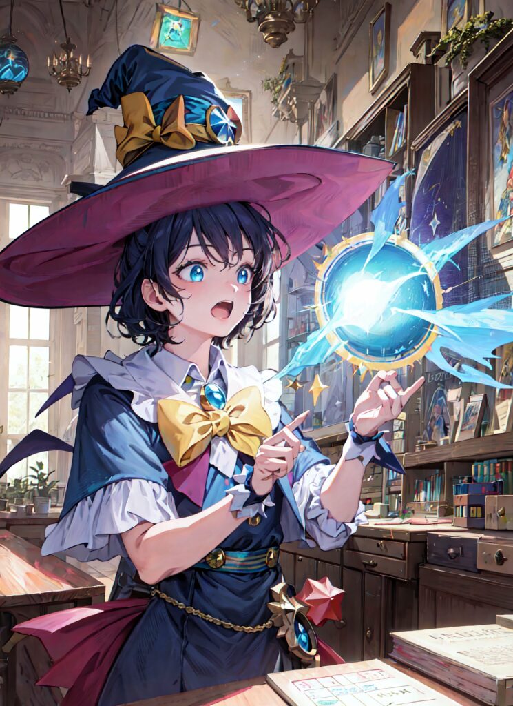 Enchanting Anime Wallpaper: Young Witch in Magical Study Scene