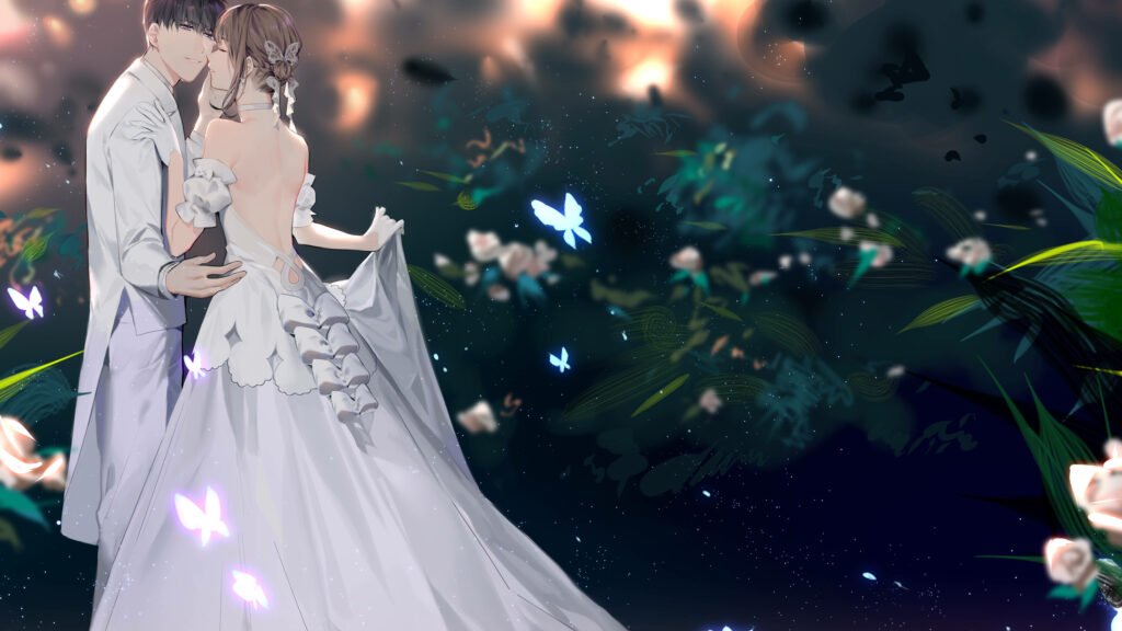 Enchanting Nuptials: Anime Newlyweds Embraced by Lush Greenery and Graceful White Butterflies Wallpaper