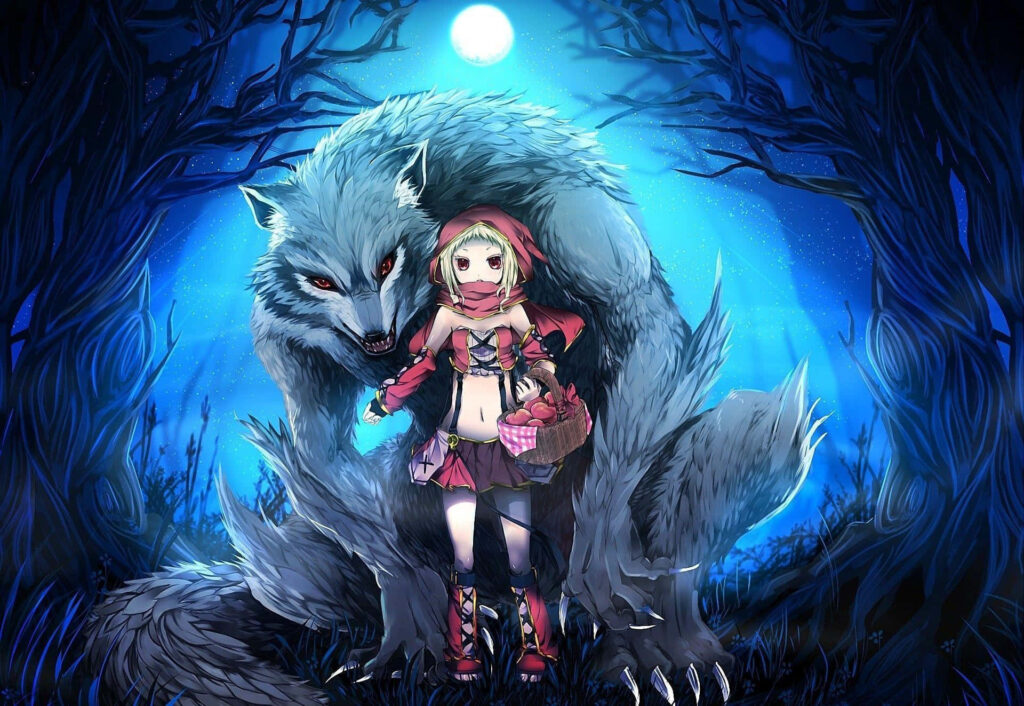 Enchanting Anime Wolf and Little Red Riding Hood Wallpaper in Moonlit Forest
