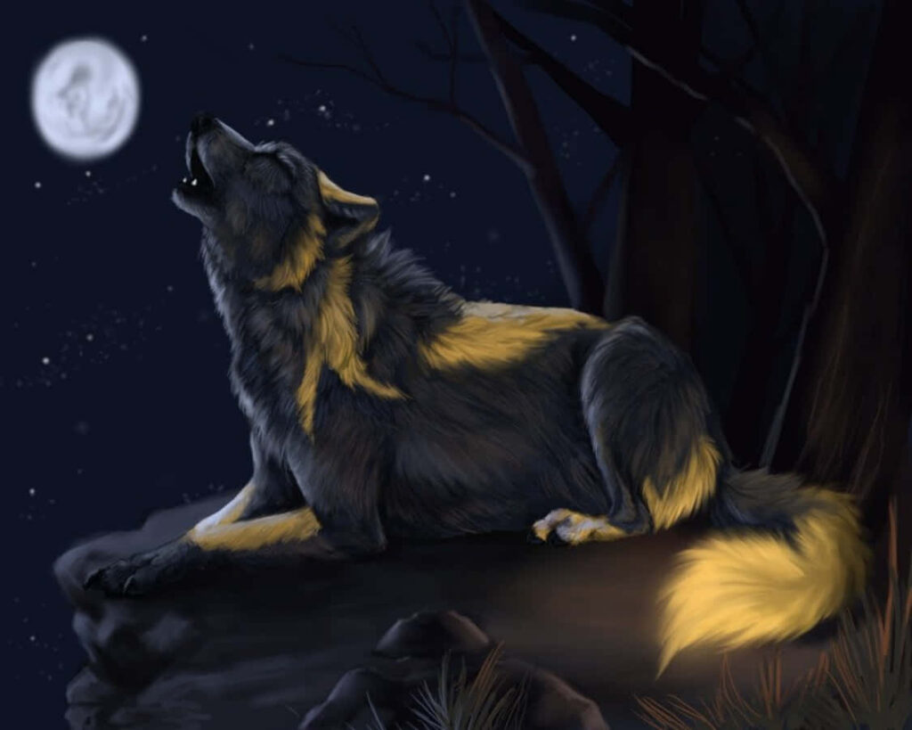 Anime Wolf Howling Under Moonlight - Mystical Wallpaper Background