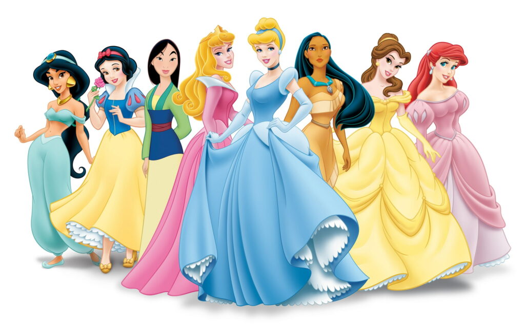 Disney Princess wallpaper featuring Jasmine Snow White Mulan Aurora Cinderella Pocahontas Belle Ariel in vibrant 2D style