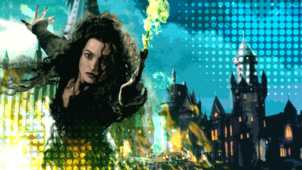 Spellbound at Hogwarts: Bellatrix Lestrange Conjures Magic in Enchanted Castle Setting Wallpaper