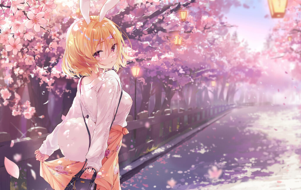 Blossoming Anime Beauty: Delightful Bunny-Girl Strolling Through Cherry Blossom Path in Spring Wallpaper