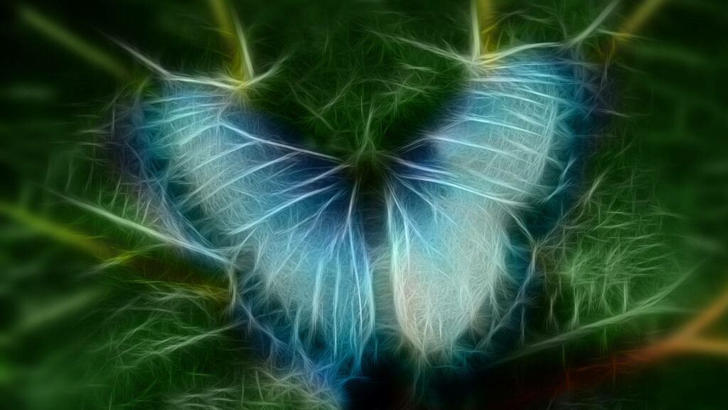 Enchanting Blue Butterfly Wallpaper: Ethereal Green Background Art