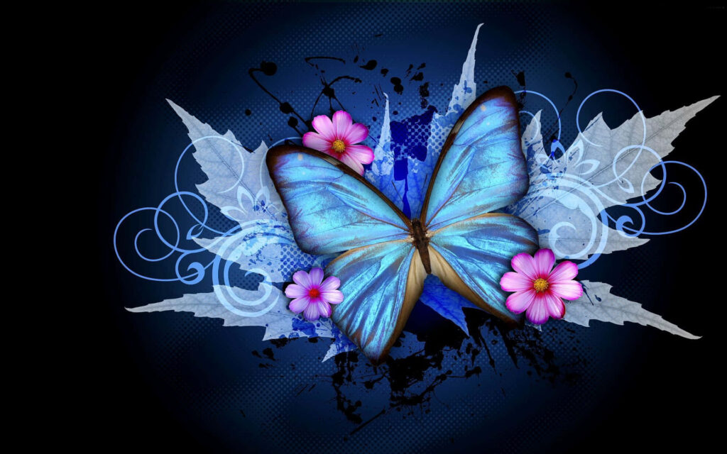 Radiant Blue Butterfly Wallpaper - Dark Floral Dreamy Background