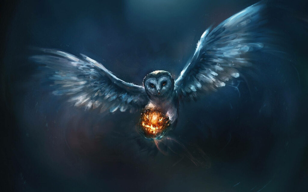 Enchanting Blue Owl Wallpaper with Glowing Pumpkin Background