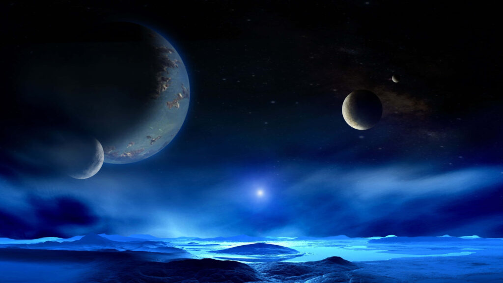 Mystical blue planetary scene with celestial bodies over an alien landscape wallpaper.
