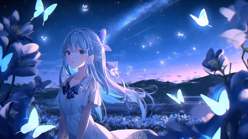 Enchanting Butterfly Girl: Serene Starry Night Anime Wallpaper