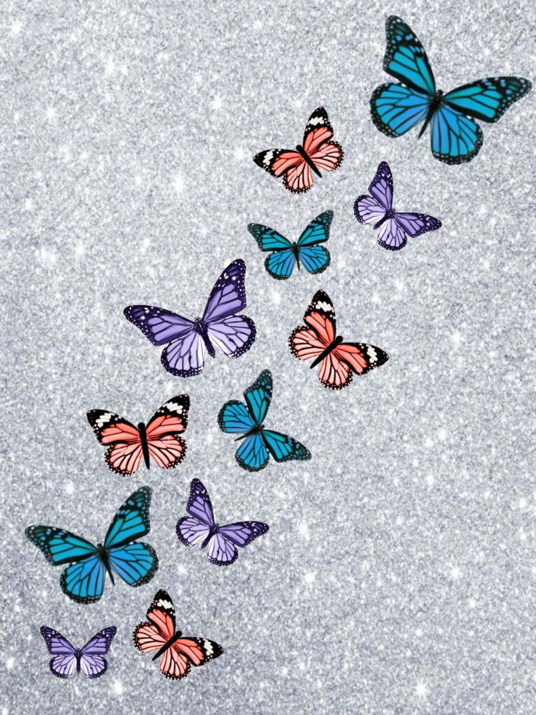 Magical Butterfly Wallpaper: Colorful Fluttering on Glittering Silver