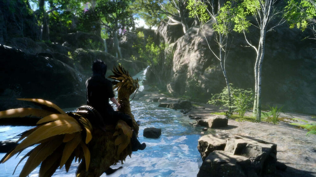 Final Fantasy XV's Majestic Chocobo Explores a Mystical Forest Wonderland Wallpaper