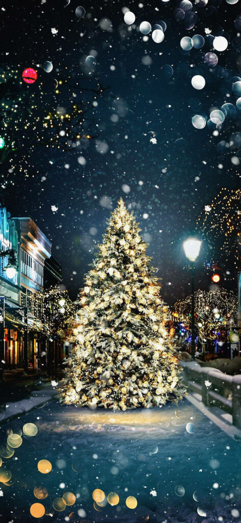 Magical Christmas Forest: Illuminated Tree & Serene Snowfall Scene Wallpaper