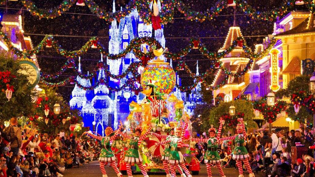 Festive Christmas Extravaganza Unfolds at Magical Walt Disney World in Florida Wallpaper