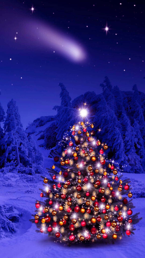Enchanting Holiday Scene: Decorated Christmas Tree in Snowy Landscape Wallpaper