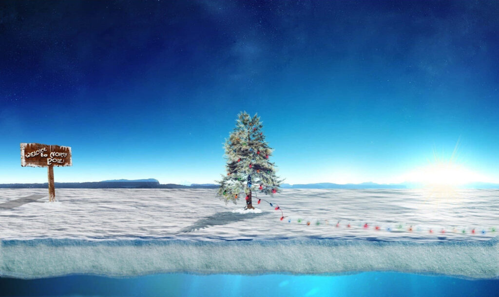 Enchanting Christmas Tree in Snowy North Pole Landscape at Night Wallpaper
