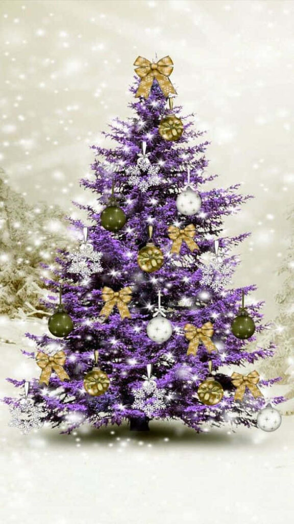 Enchanting Christmas Tree with Purple Branches in Snowy Background Wallpaper