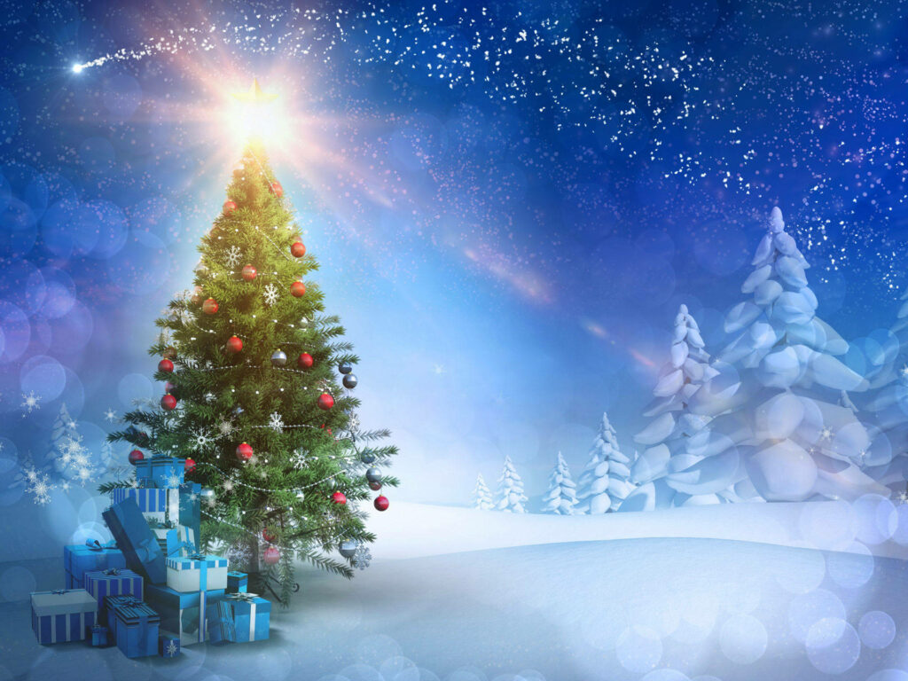 Enchanting Christmas Tree Wallpaper in Snowy Starlit Forest