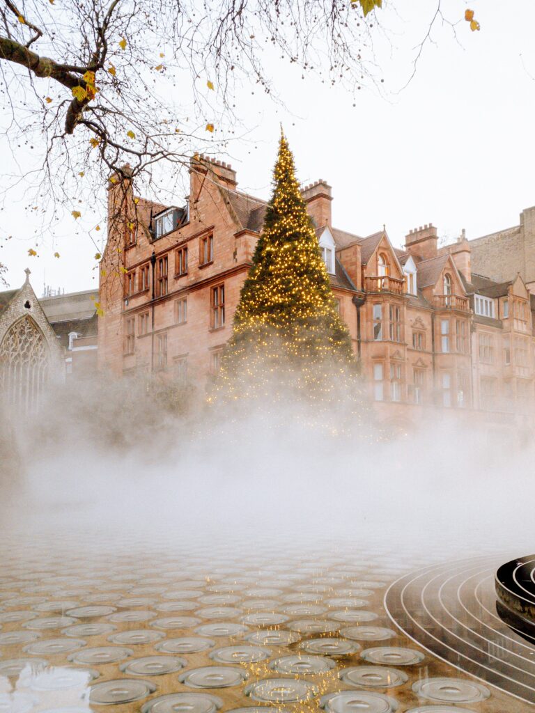 Enchanting Christmas Tree Wallpaper with Historic Building Background