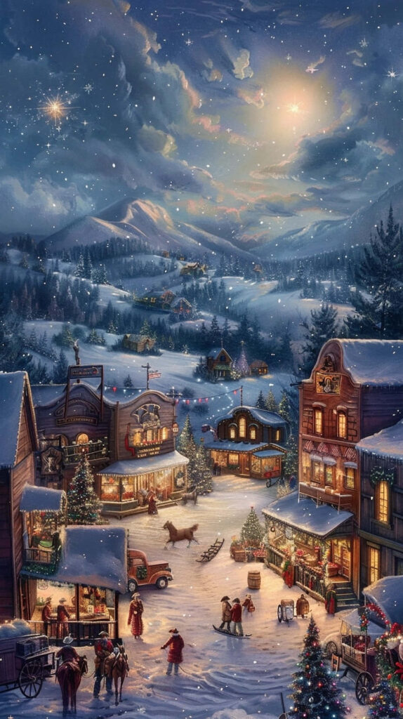 Magical Christmas Village Wallpaper: Snowy Night Scene with Warm Lights