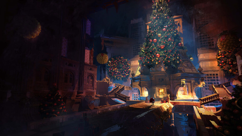 Enchanting Holiday Wallpaper: Festive Hall with Christmas Trees