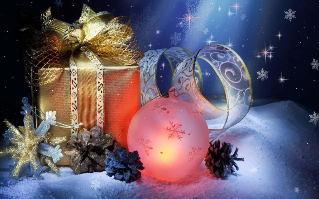 Magical Christmas Wallpaper: Golden Gift Box & Starry Night Background