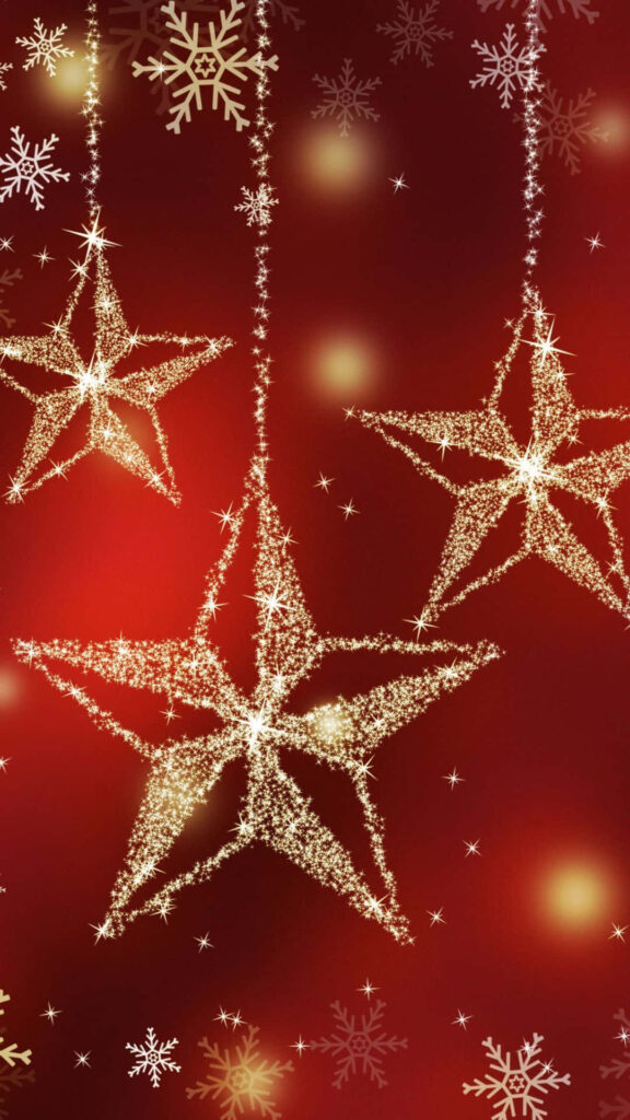 Sparkling Golden Stars & Snowflakes: Festive Red Christmas Background Wallpaper