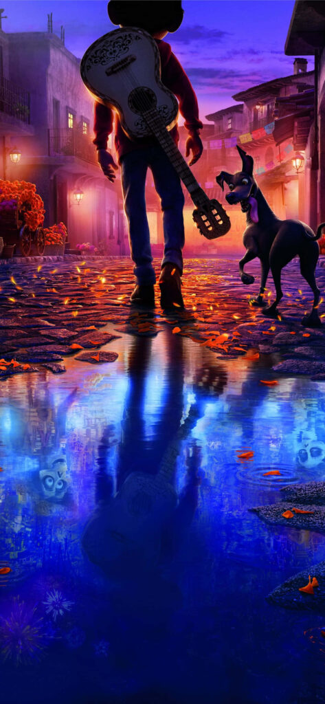 Enchanting Coco Wallpaper: Boy, Guitar & Dog in Magical Land of the Dead