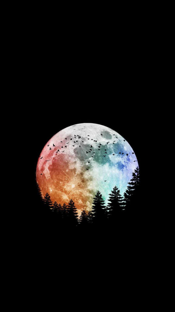 Enchanting Colorful Moon iPhone Wallpaper with Birds & Pine Silhouettes