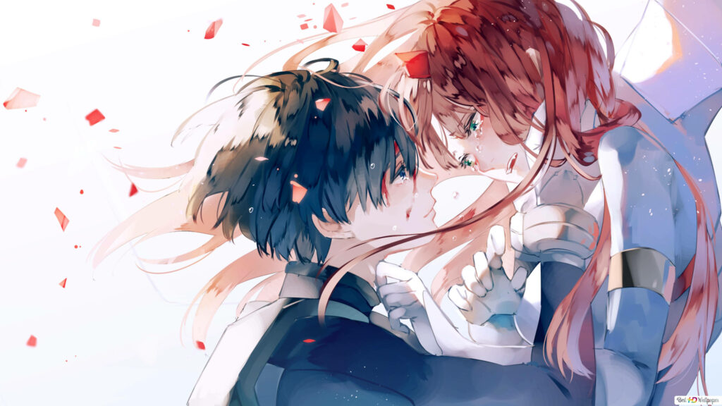 Touching the Depths of Love: Emotional Anime Art of Zero Two and Hiro in Darling In The Franxx Wallpaper